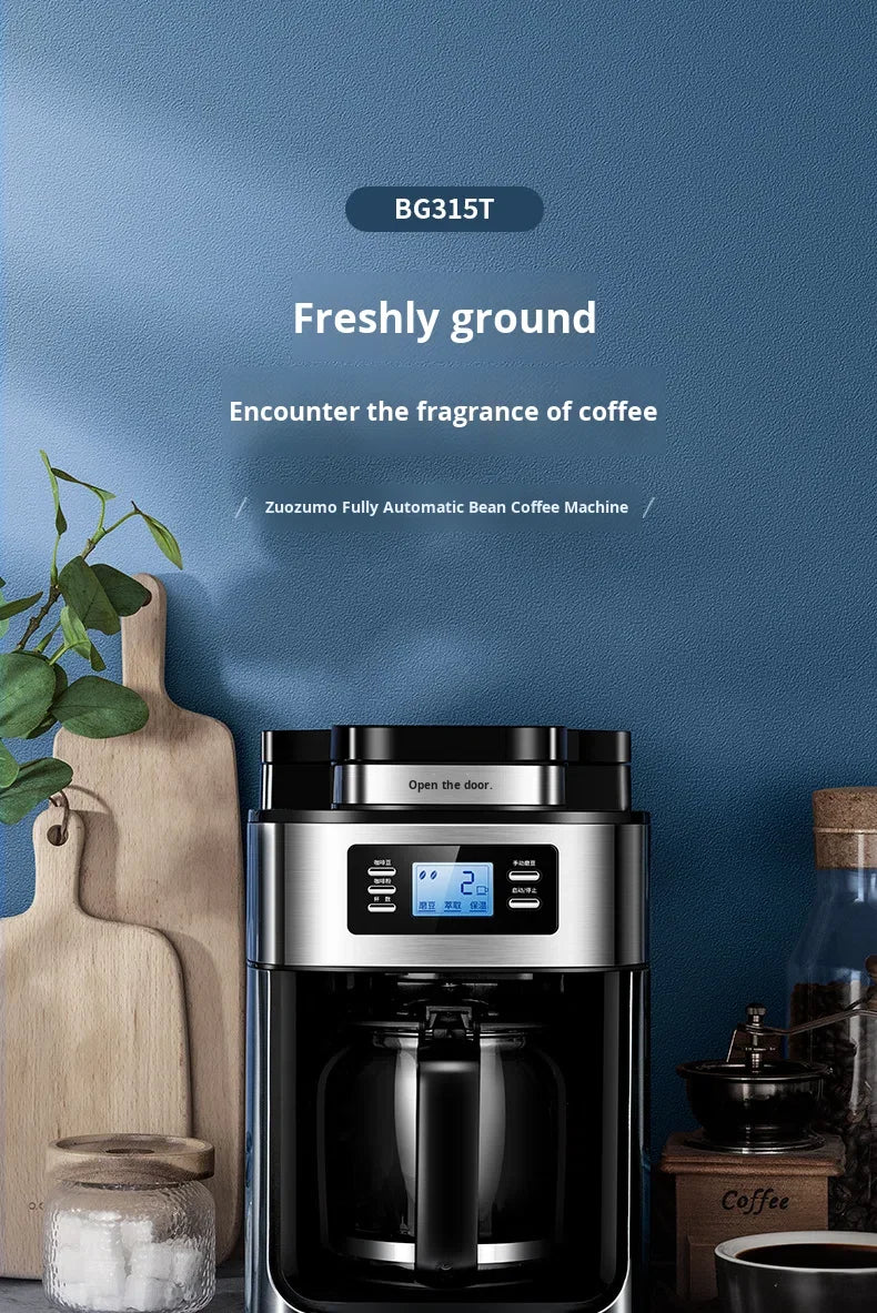Machine à café automatique en acier inoxydable avec broyeur intégré, style américain, compact, idéal pour la cuisine, le bureau ou l'hôtel.