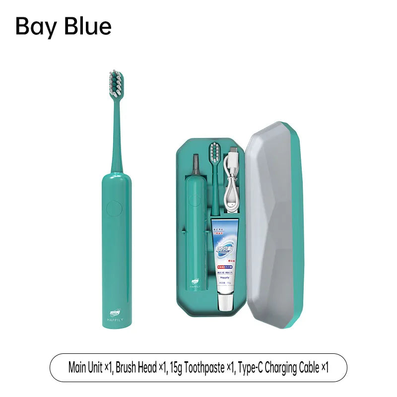 Brosse à dents vibrante Happily, IPX7, charge Type-C, autonomie 90 jours, 3 modes, blanchiment