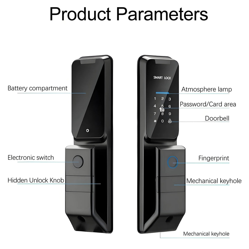 Serrure de porte intelligente numérique automatique TUYA avec clé Wi-Fi, empreinte digitale et mot de passe, et sonnette intégrée