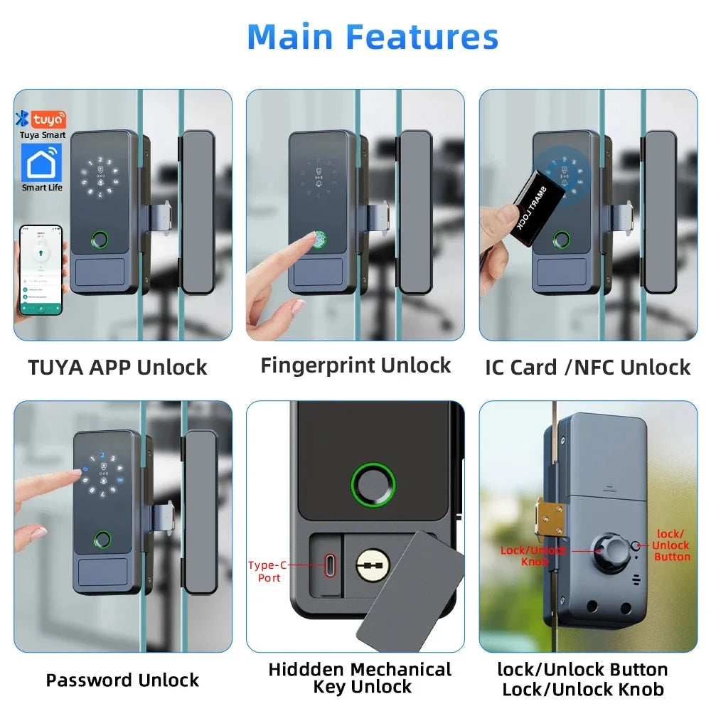 Serrure connectée Tuya Wifi pour porte en verre, déverrouillage par empreinte numérique, application, carte à puce ou mot de passe.