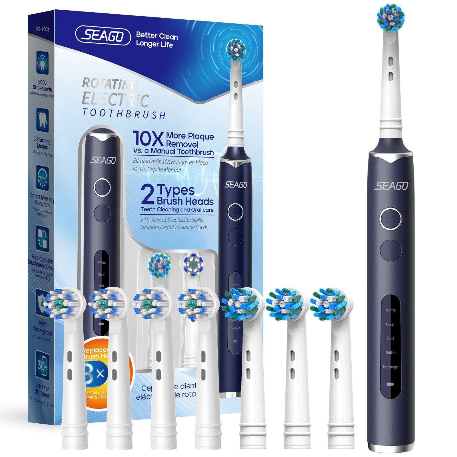 Brosse à dents sonique SEAGO SG2603, IPX7, Type-C, 5 modes, autonomie 30 jours, blanchiment