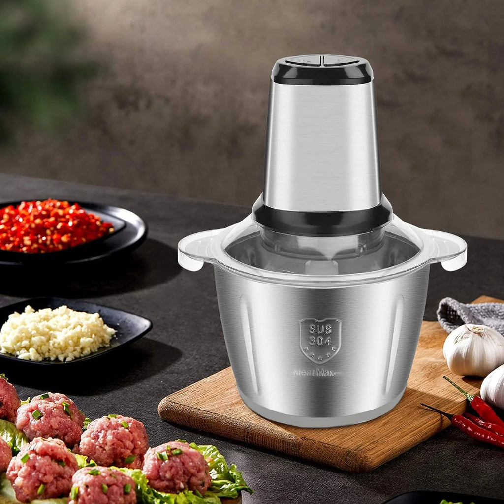 Mini robot culinaire et hachoir à viande électrique en acier inoxydable de 2,5 L avec fonctions de hachage et de broyage, grande capacité.