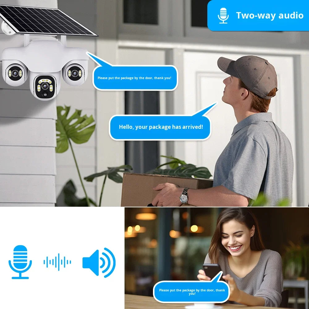 Caméra de sécurité réseau IP 4G HD V380 Pro 6MP avec 3 objectifs, vision nocturne, Wi-Fi, sans fil, alimentation solaire et infrarouge.