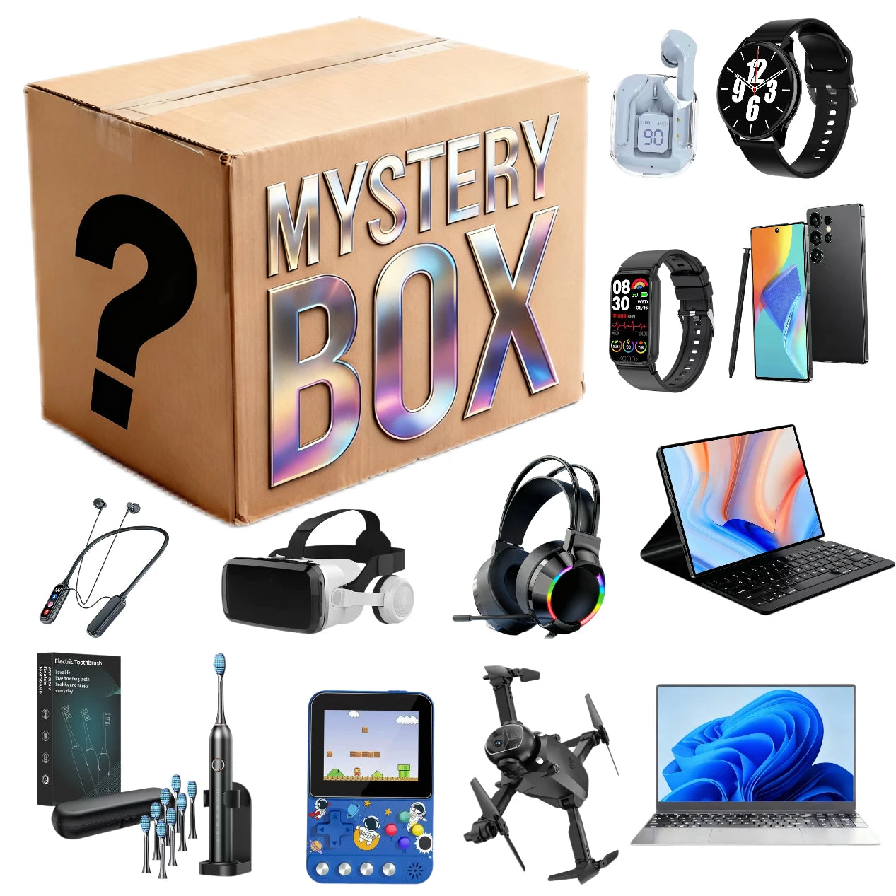 Coffret Mystère Vintage 100% Gagnant – Écouteurs, Montre Connectée, Cadeau Surprise