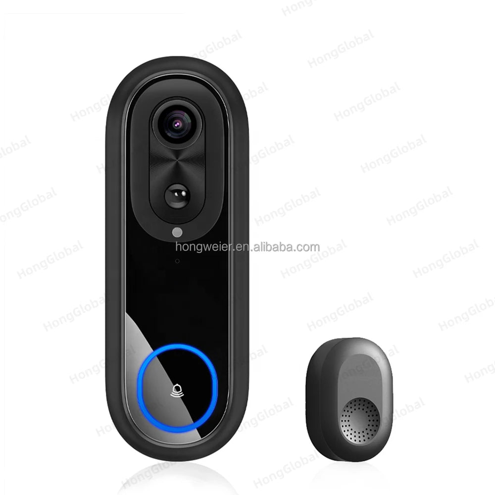 Sonnette vidéo sans fil connectée HongGlobal 2MP extérieure 2,4 GHz/5 GHz WiFi avec batterie, compatible Smartlife et Tuya.