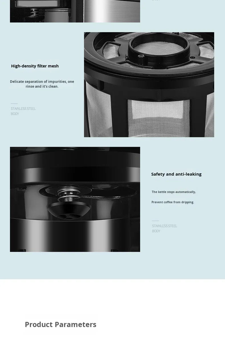 Machine à café automatique en acier inoxydable avec broyeur intégré, style américain, compact, idéal pour la cuisine, le bureau ou l'hôtel.