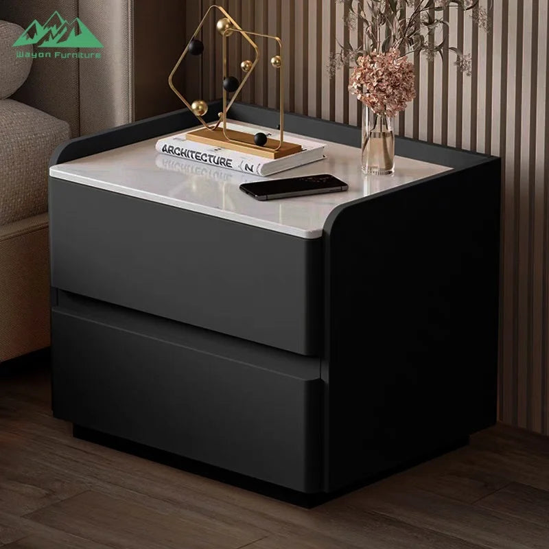 Table de Nuit Luxe Wayon – Charge Sans Fil, Enceinte BT, 2 Tiroirs & Verrou Empreinte