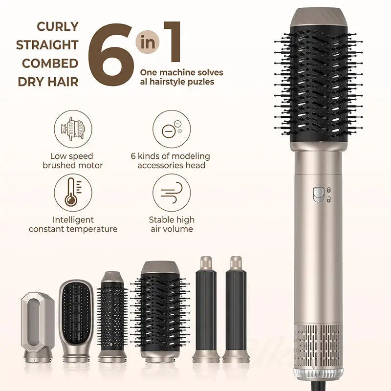 Sèche-cheveux ionique de luxe 1000 W avec brosse à air chaud 6 en 1 pour cheveux fins et épais, séchage rapide et 6 embouts inclus.