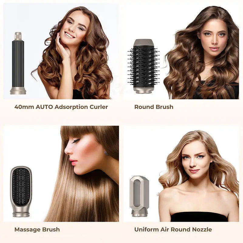 Sèche-cheveux ionique de luxe 1000 W avec brosse à air chaud 6 en 1 pour cheveux fins et épais, séchage rapide et 6 embouts inclus.