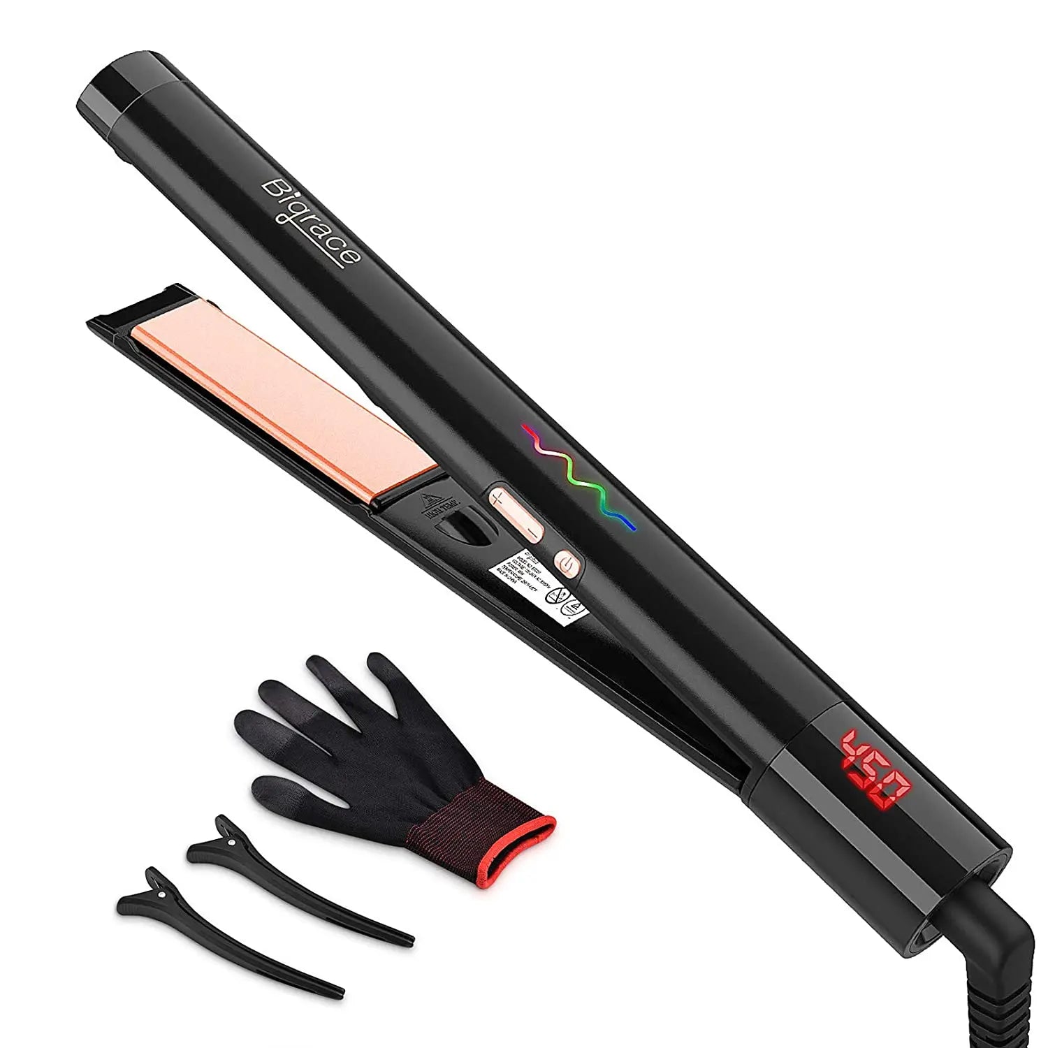 Lisseur électrique professionnel noir avec écran LED, revêtement céramique, brosse lissante 450°F (232°C) pour usage domestique et hôtelier.