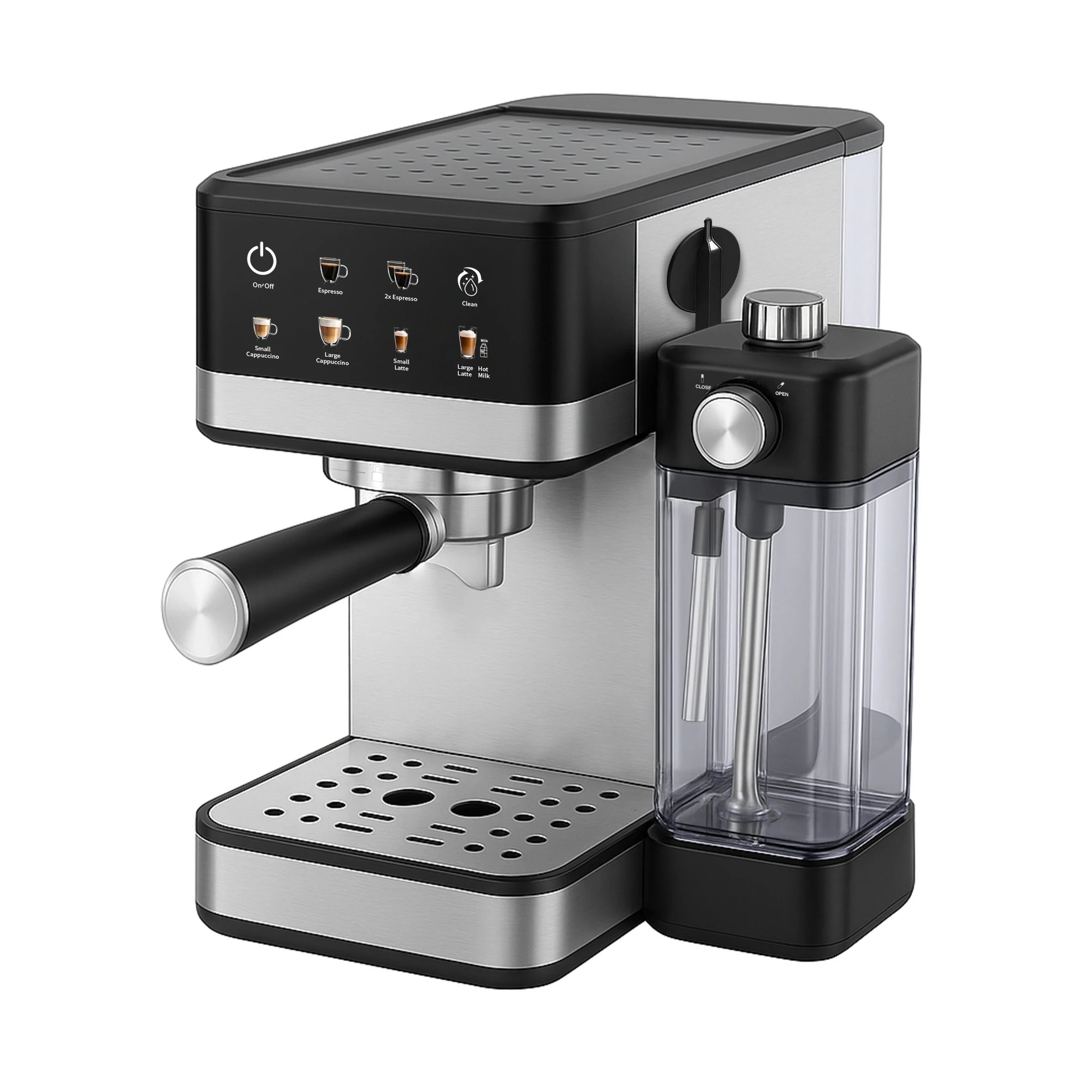 Machine à café expresso numérique semi-automatique 15 bars avec menu tactile et réservoir à lait mousseur, usage domestique