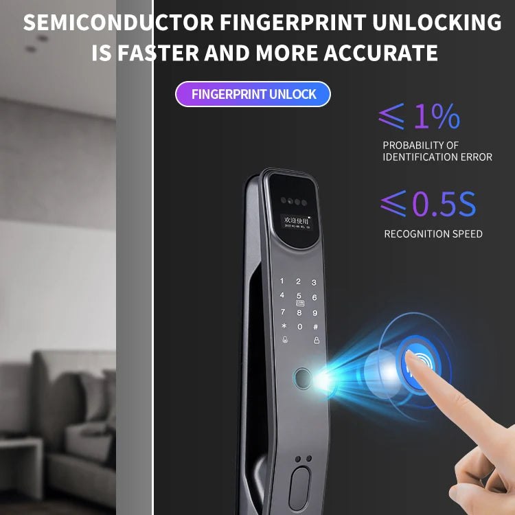 Serrure de porte sans clé 3D Tuya avec reconnaissance faciale, mot de passe et empreinte numérique, caméra et sonnette électronique.