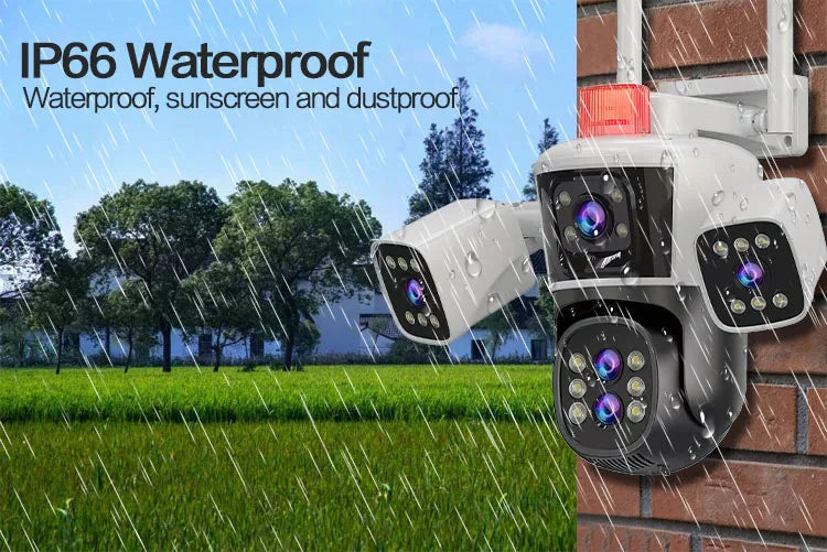 Caméra de surveillance extérieure 8K 16MP Wi-Fi 360 PTZ avec cinq objectifs, quatre écrans, zoom optique 10x, suivi automatique et réseau sans fil.