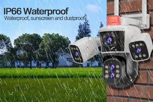 Caméra de surveillance extérieure 8K 16MP Wi-Fi 360 PTZ avec cinq objectifs, quatre écrans, zoom optique 10x, suivi automatique et réseau sans fil.