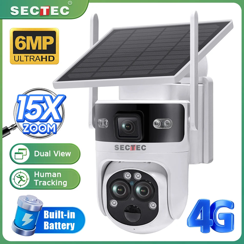 Caméra de Surveillance SECTEC 6 MP | 4G, Zoom 15x, Carte SIM, Vision Nocturne et Énergie Solaire