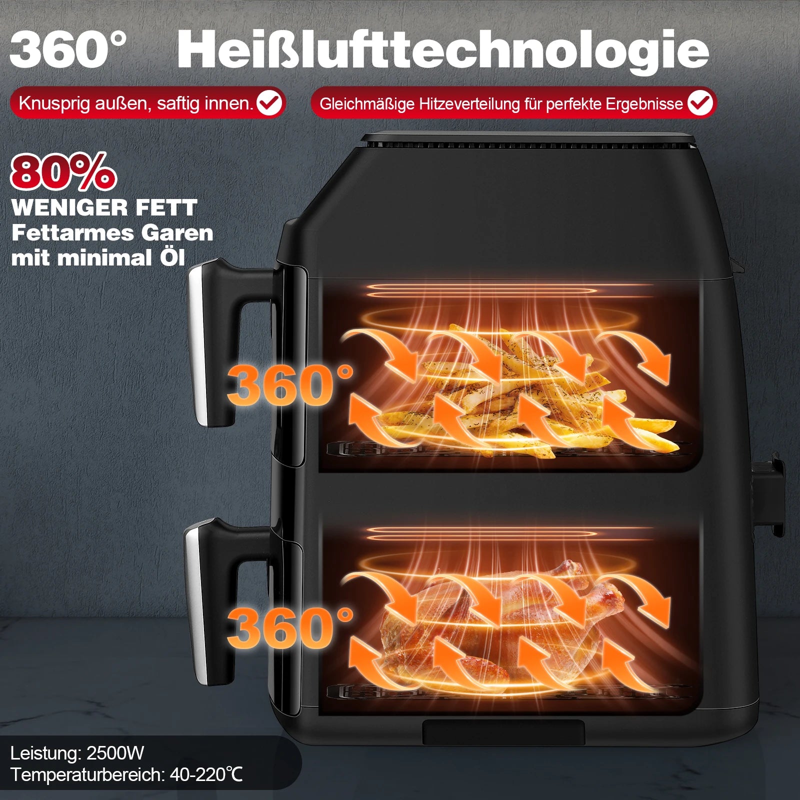Friteuse à air chaud à double chambre, 2500 W, verticale, avec 2 chambres et fenêtre de visualisation, design compacte.