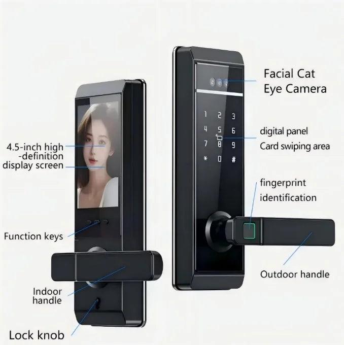 Serrure de porte d'entrée intelligente Tuya avec reconnaissance faciale et empreinte numérique, stockage cloud et sonnette intégrée pour aluminium, bois, verre et acier