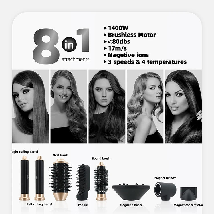 RUCHA 8 en 1 : Appareil de coiffure ionique, sèche-cheveux, lisseur, boucleur, brosse à air chaud, outils de coiffage multi-stylers