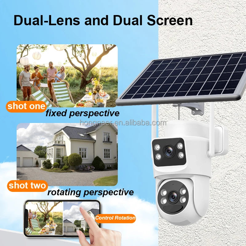 Caméra de Surveillance Hongnaer 6 MP | PTZ, Double Objectif, Wi-Fi Double Bande et Alimentation Solaire
