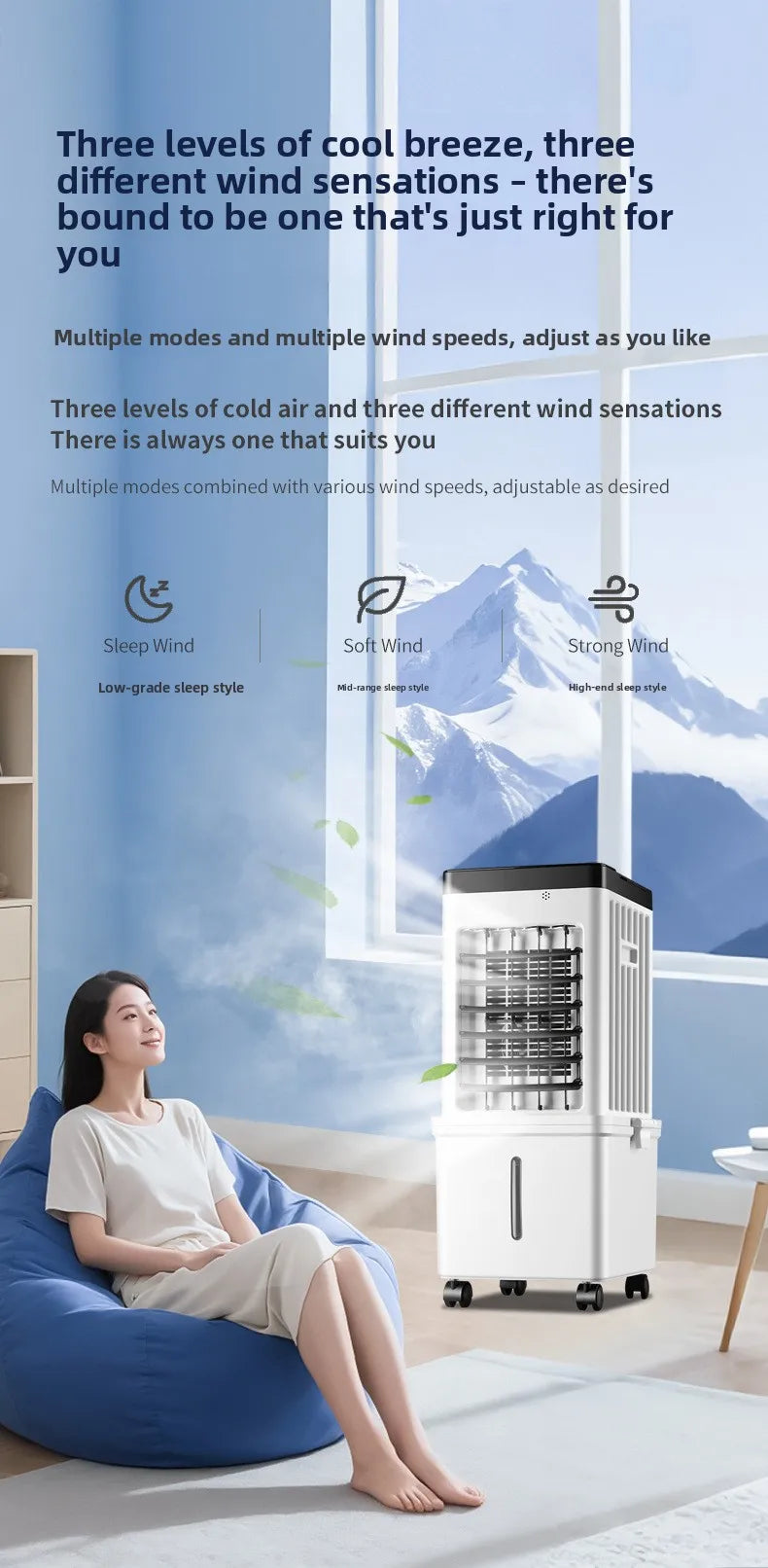 Ventilateur refroidisseur d'air par évaporation portable en plastique, alimenté par secteur, à 3 vitesses, pour la maison et le bureau