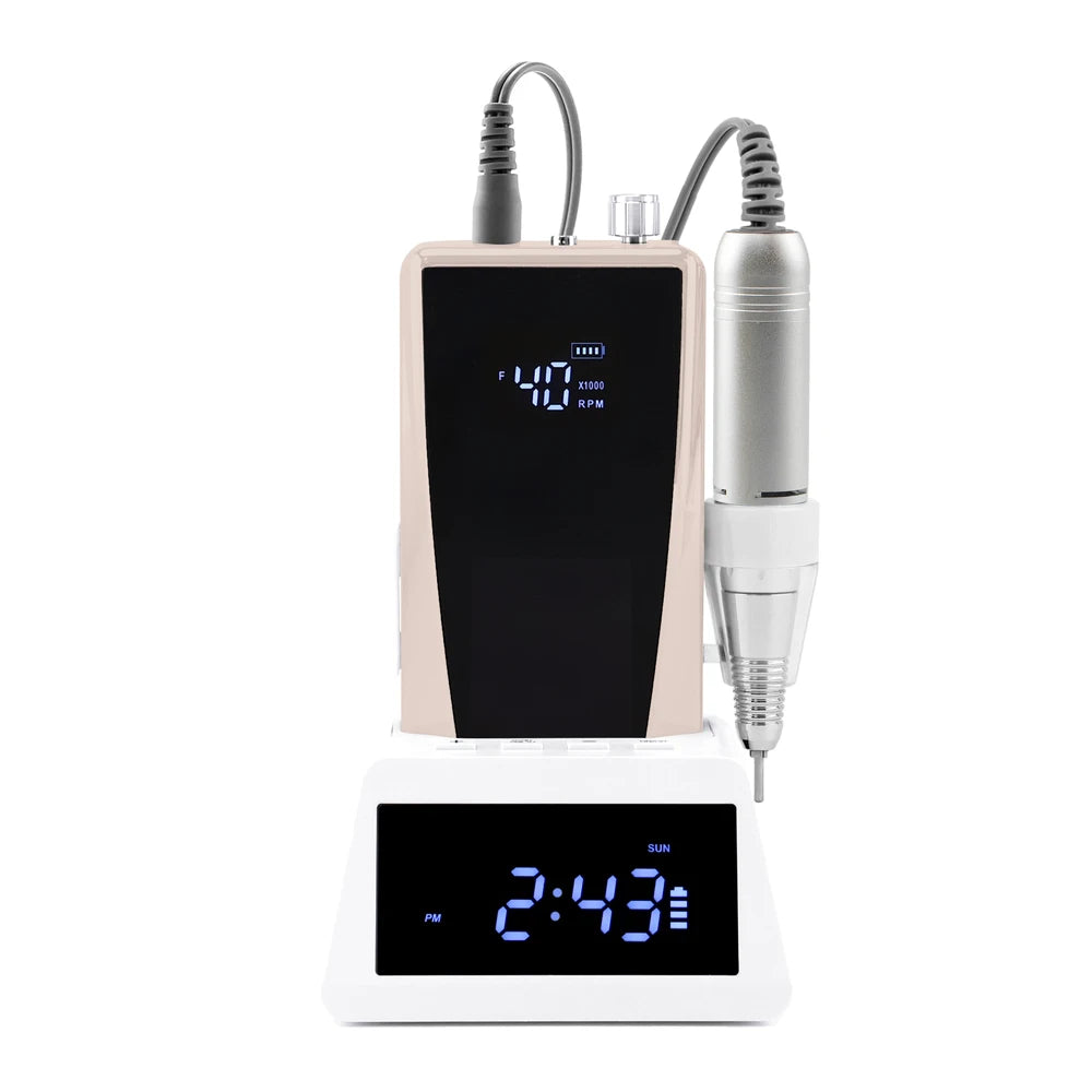 Kit de ponceuse à ongles électrique 45 W à balais de carbone, faible vibration, 40 000 tr/min, avec batterie externe et station de base horloge.