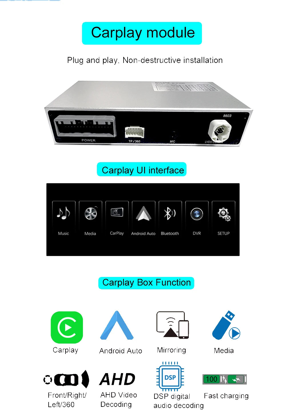 Adaptateur CarPlay Android Auto Sans Fil IA | Boîtier Multimédia avec Caméra de Recul et Détection Radar USB