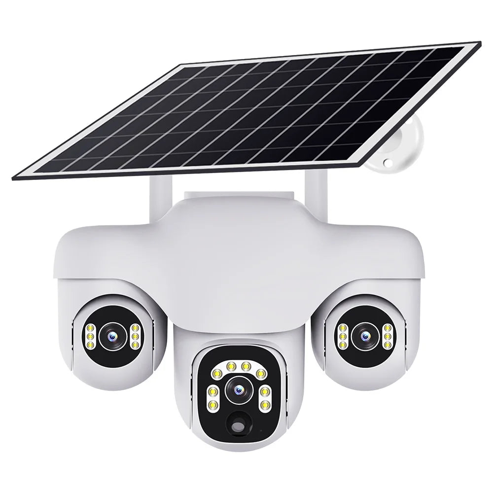 Caméra de sécurité réseau IP 4G HD V380 Pro 6MP avec 3 objectifs, vision nocturne, Wi-Fi, sans fil, alimentation solaire et infrarouge.