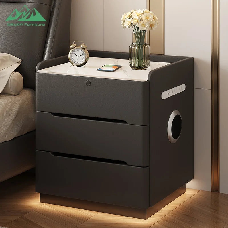 Table de Nuit Wayon – Charge Sans Fil, Enceinte BT, 3 Tiroirs & Verrou | Bois