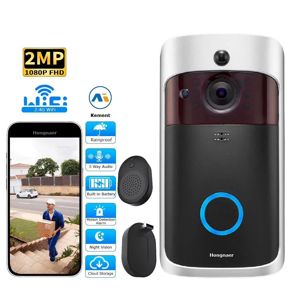 Sonnette vidéo sans fil intelligente Hongnaer 2MP avec interphone et batterie Kement