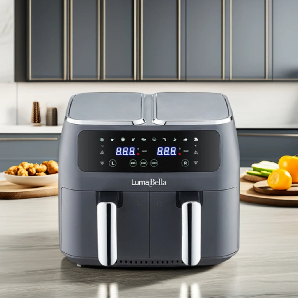 Friteuse à air électrique double Lumabella, en acier inoxydable et aluminium, sans huile, 220 V, carrée, pour usage domestique ou hôtelier