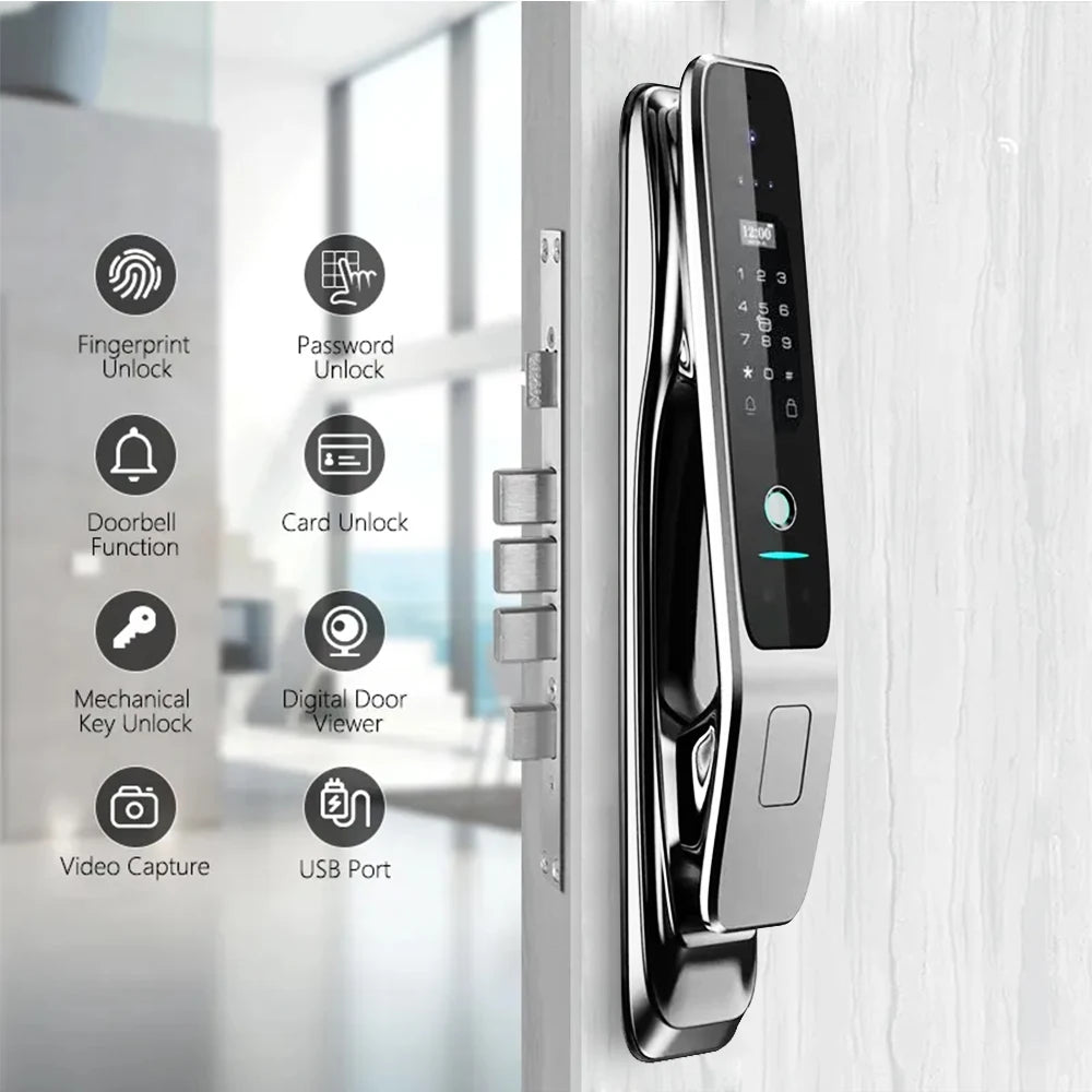 Serrure connectée avec reconnaissance faciale 3D, lecteur d'empreintes digitales, sonnette vidéo, application Tuya, déverrouillage Wi-Fi, carte NFC, clé RFID et serrure à code.