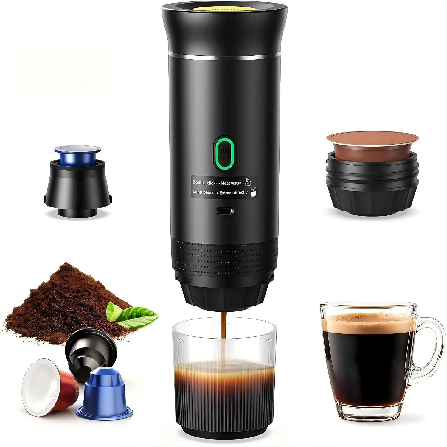 Machine à café à capsules portable 3 en 1, compacte et multifonctionnelle, idéale pour les voyages et les activités de plein air.