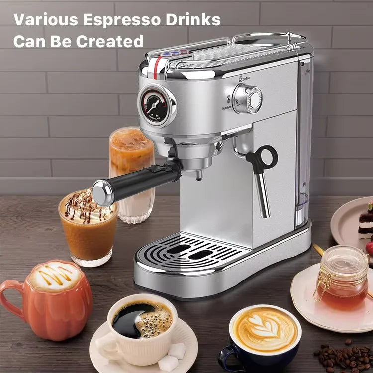 Machine à café expresso professionnelle avec mousseur à lait et vapeur, compacte, électrique, en acier inoxydable argenté