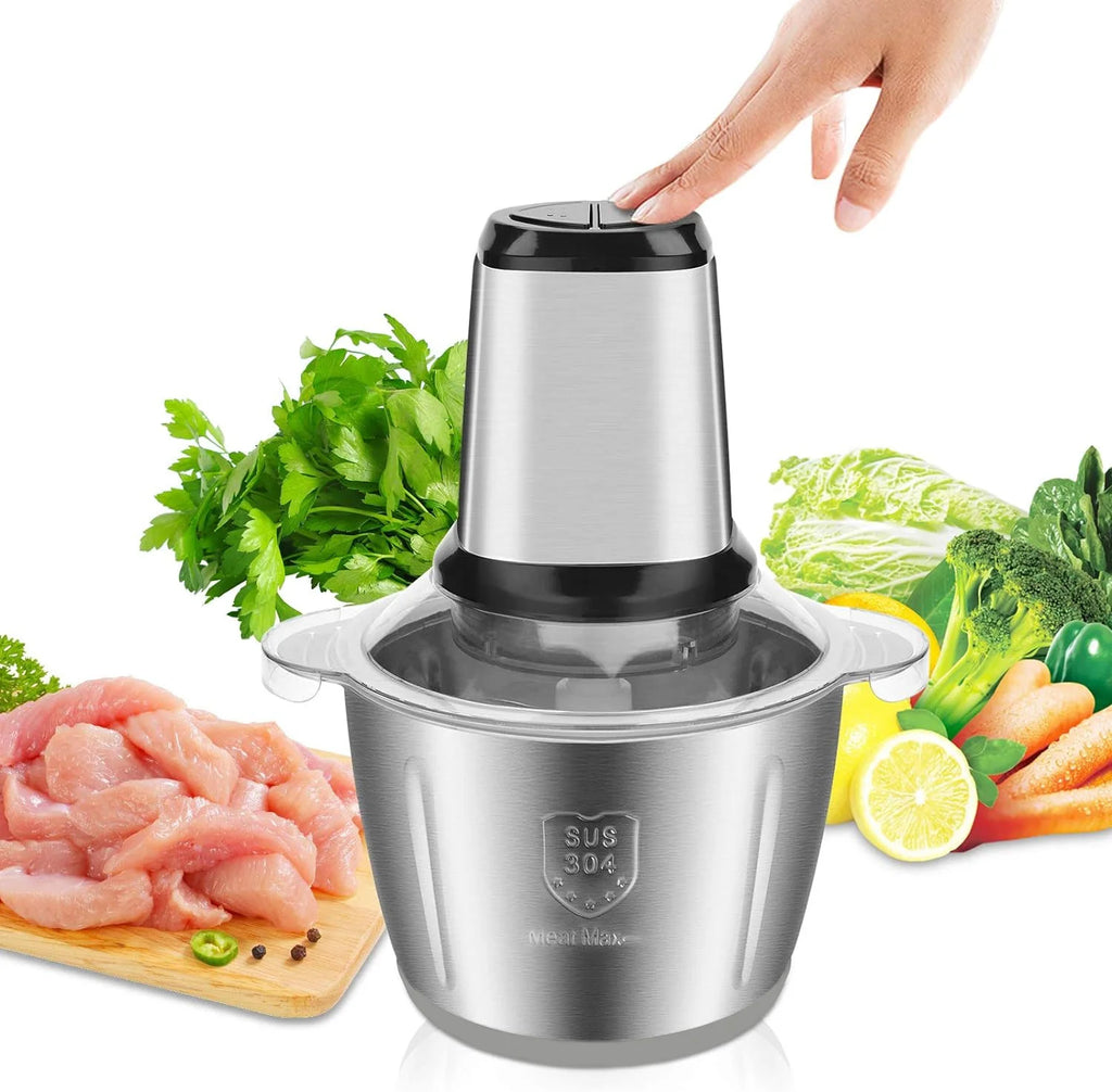 Mini robot culinaire et hachoir à viande électrique en acier inoxydable de 2,5 L avec fonctions de hachage et de broyage, grande capacité.