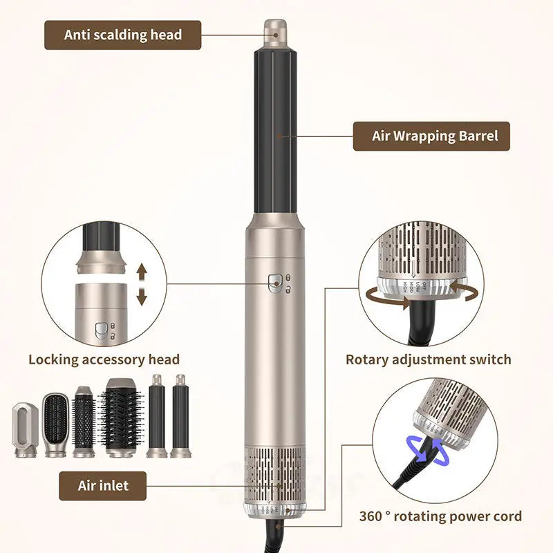 Sèche-cheveux ionique de luxe 1000 W avec brosse à air chaud 6 en 1 pour cheveux fins et épais, séchage rapide et 6 embouts inclus.
