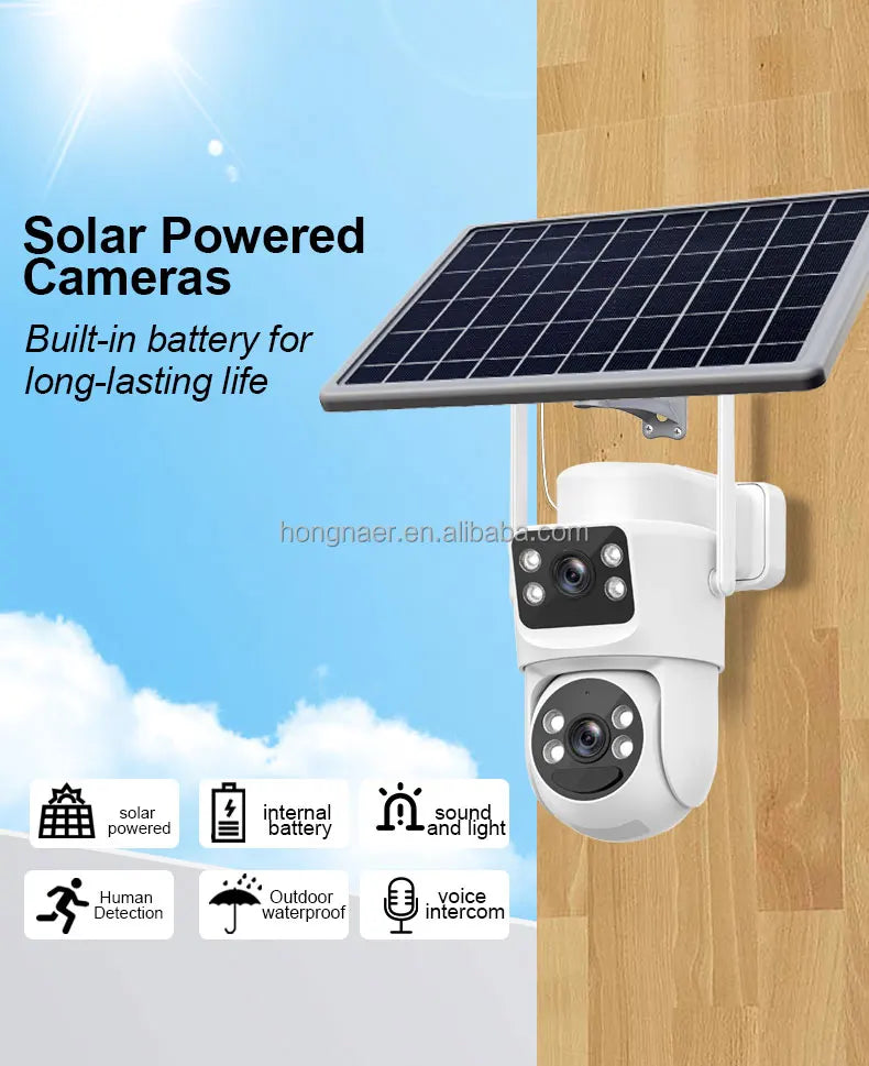 Caméra de Surveillance Hongnaer 6 MP | PTZ, Double Objectif, Wi-Fi Double Bande et Alimentation Solaire