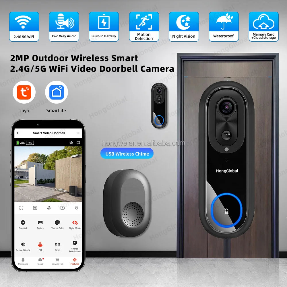 Sonnette vidéo sans fil connectée HongGlobal 2MP extérieure 2,4 GHz/5 GHz WiFi avec batterie, compatible Smartlife et Tuya.