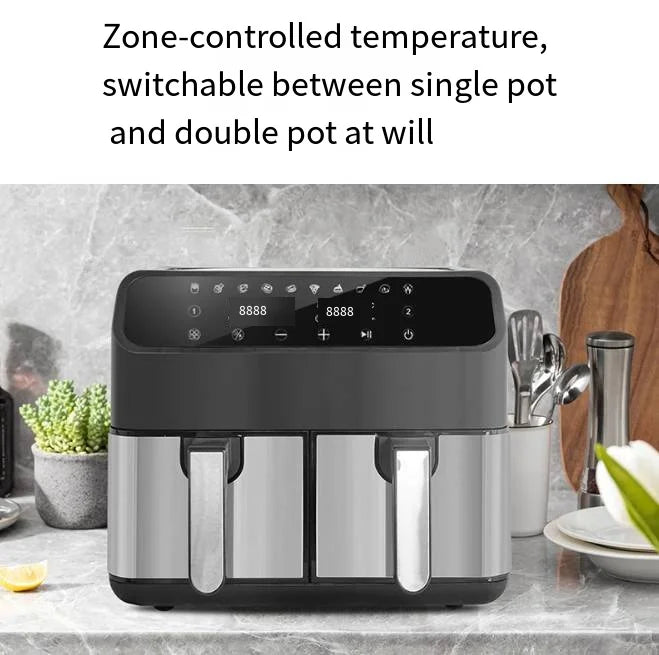 Friteuse à air chaud multifonctionnelle à double cuve de grande capacité (8 L) en acier inoxydable, avec commandes tactiles et double compartiment.