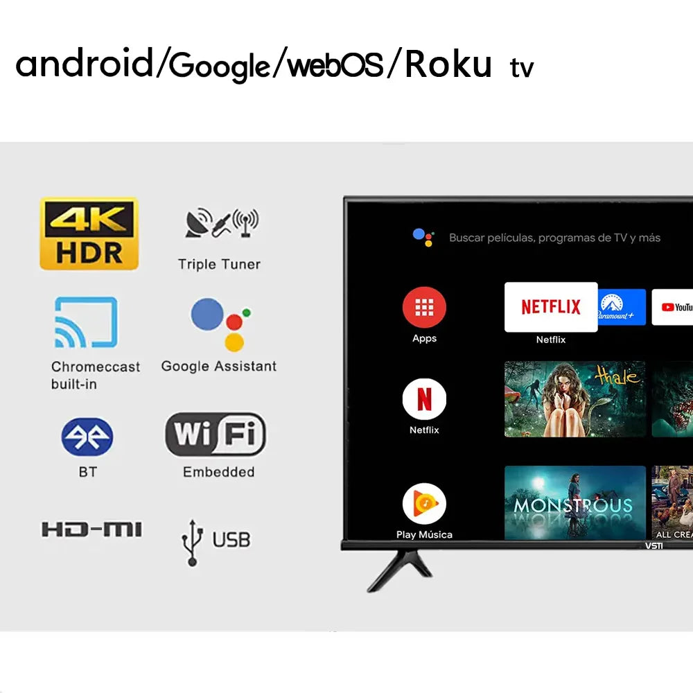 Téléviseur intelligent LED VSTI 43 pouces avec Google et Wi-Fi, 4K Ultra HD, disponible en plusieurs tailles : 32, 43, 50, 65 et 75 pouces.