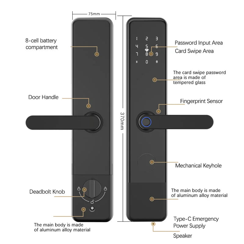 Serrure extérieure étanche intelligente avec TTLock pour portes en bois/alliage d'aluminium, sonnette intégrée et contrôle via application Wi-Fi Tuya