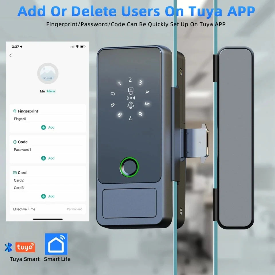 Serrure connectée Tuya Wifi pour porte en verre, déverrouillage par empreinte numérique, application, carte à puce ou mot de passe.