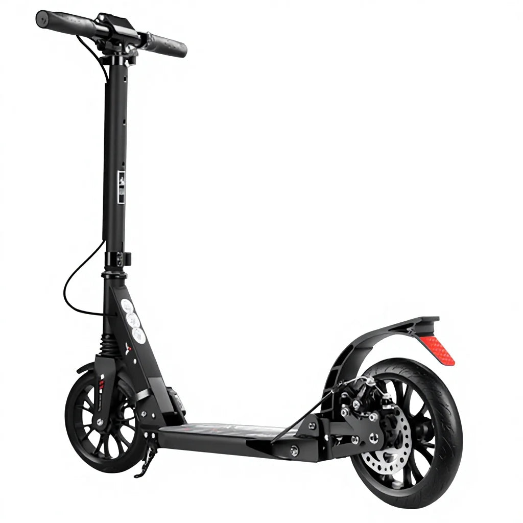 Trottinette adulte DomeRide pliable de haute qualité avec roues en PU, jantes en alliage d'aluminium, amortisseurs et selle réglable en hauteur. Frein à disque.