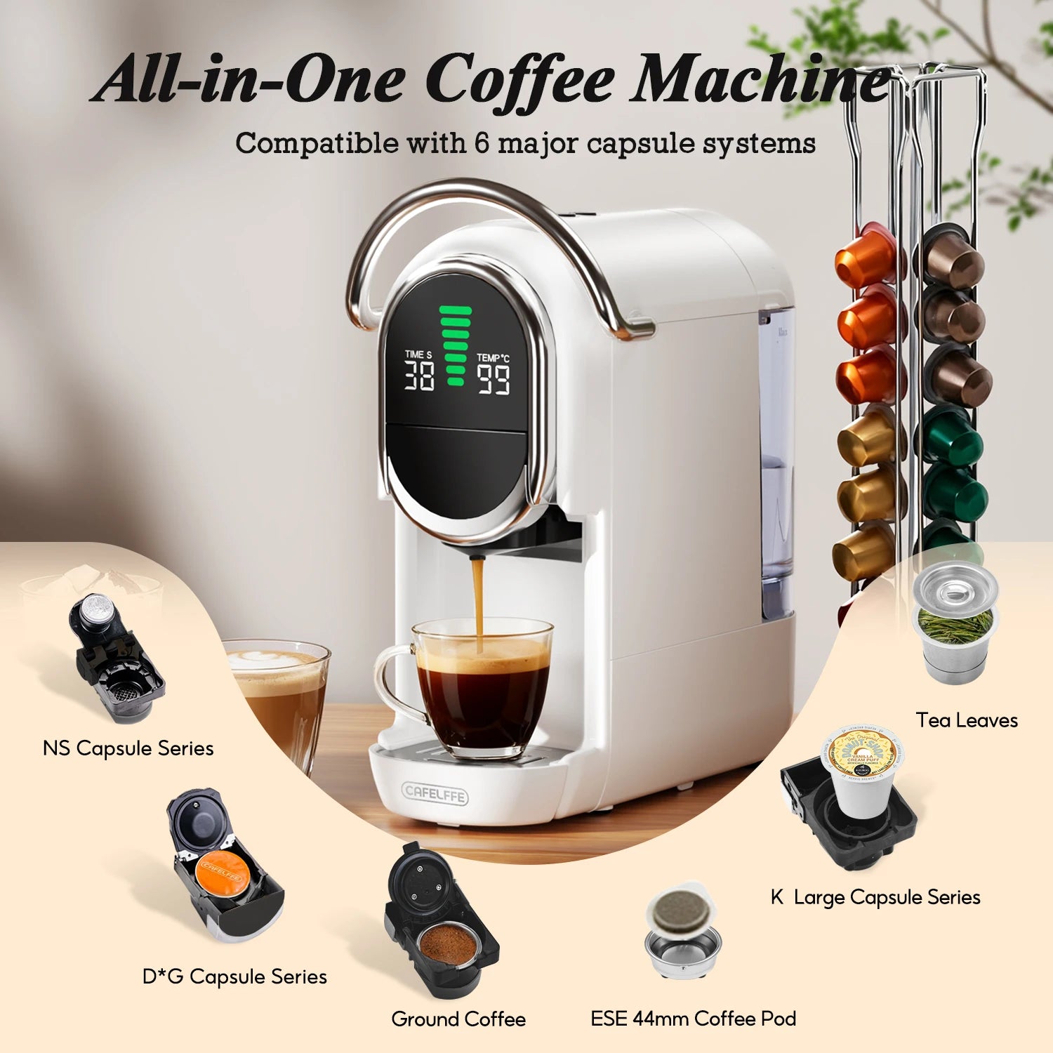 Machine à café Cafelffe MK-609S 6 en 1 : pression 20 bars, 7 niveaux d'eau réglables, réservoir 600 ml, eau chaude/froide, expresso, format compact.