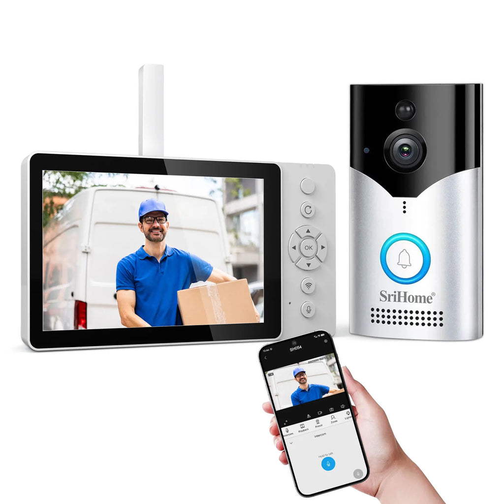 Kit sonnette vidéo Srihome 4MP avec interphone visuel, Wi-Fi 6, détection PIR et batterie lithium haute capacité.