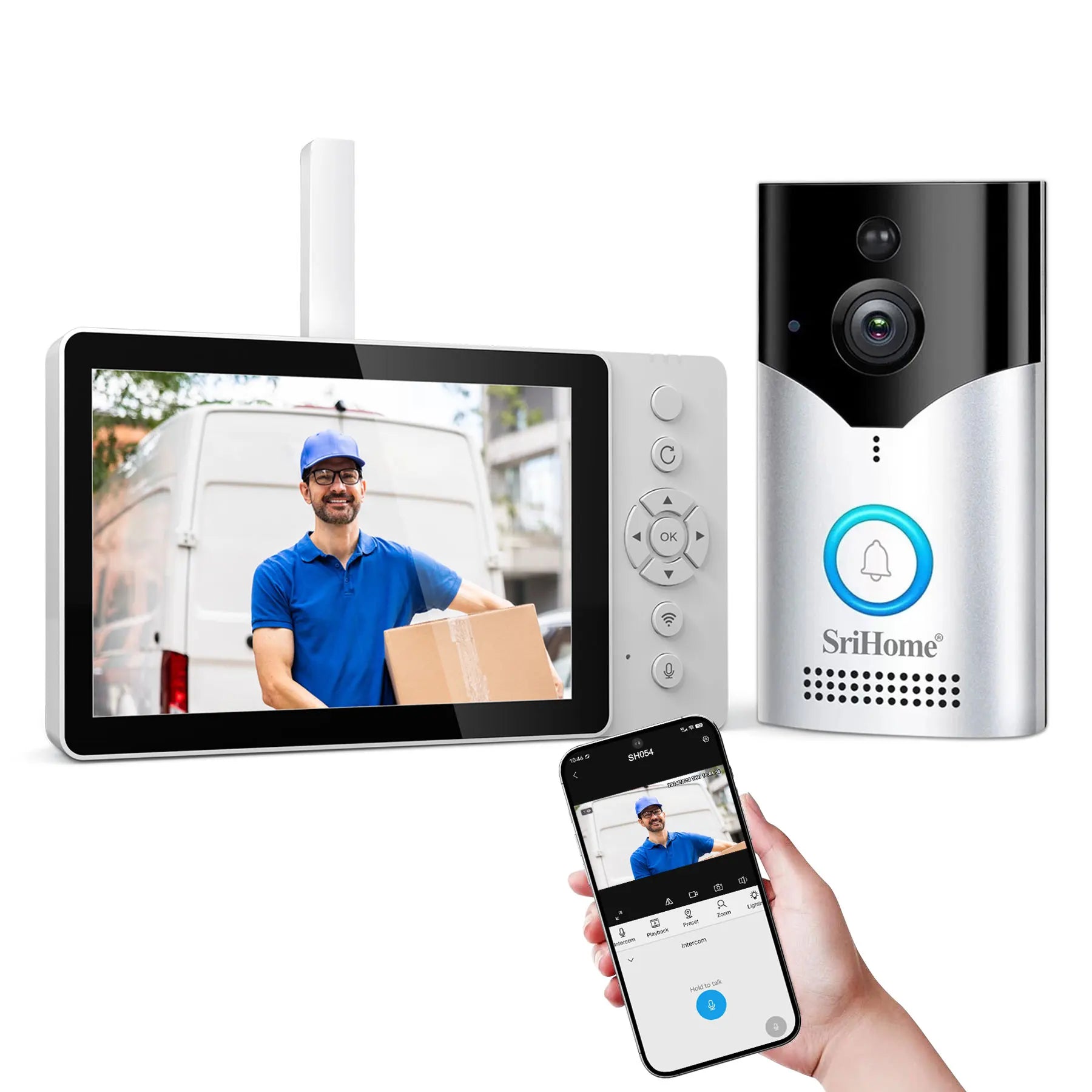 Kit sonnette vidéo Srihome 4MP avec interphone visuel, Wi-Fi 6, détection PIR et batterie lithium haute capacité.