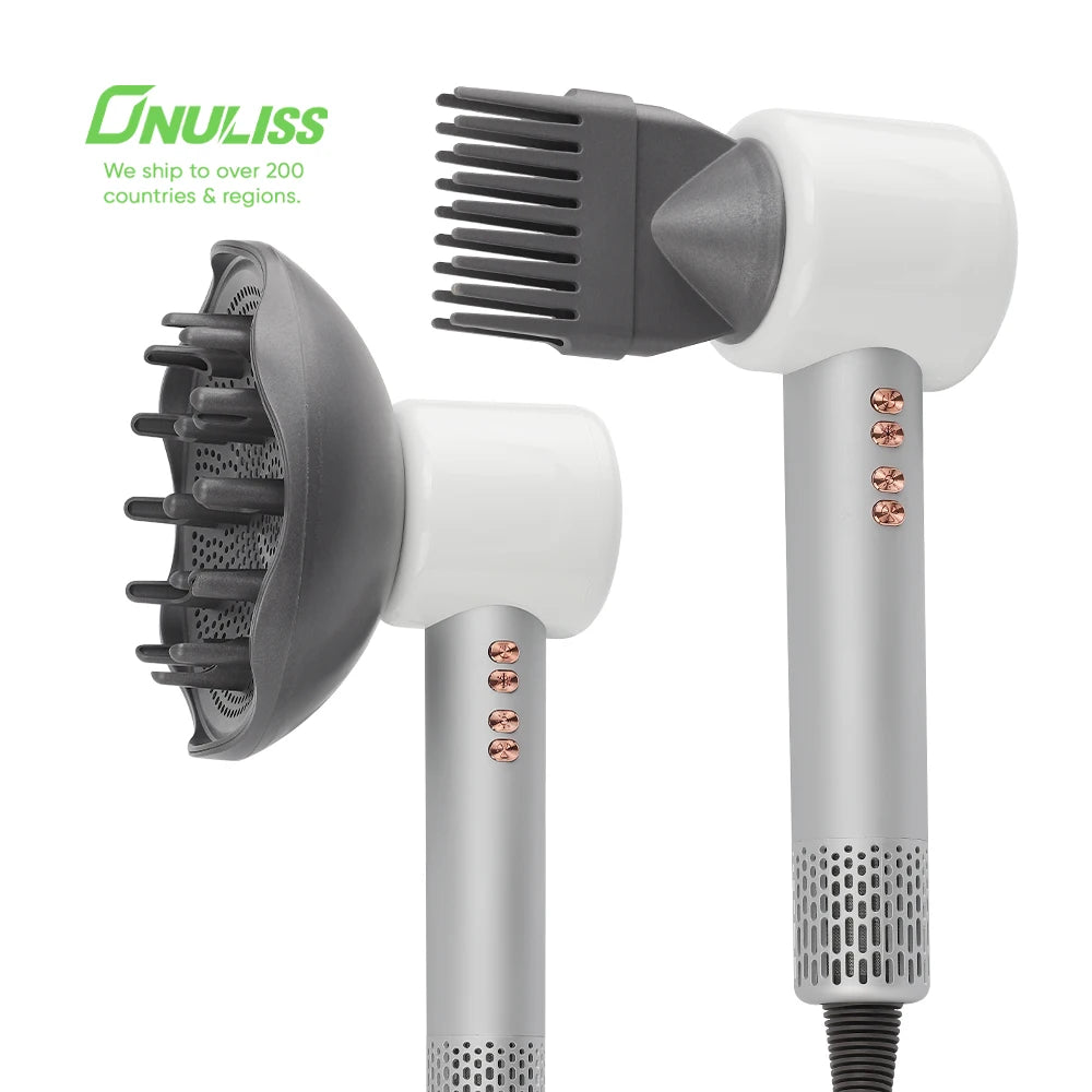 Sèche-cheveux sans balais double tension haute vitesse avec support, brosse lissante multifonction pour une utilisation en extérieur, sèche-cheveux OEM basse consommation.