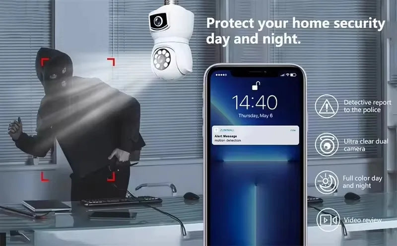 Caméra de vidéosurveillance V380 PRO E9 à double objectif CMOS 1080p avec prise en charge WiFi, carte mémoire et caméra PTZ intégrée à une ampoule.