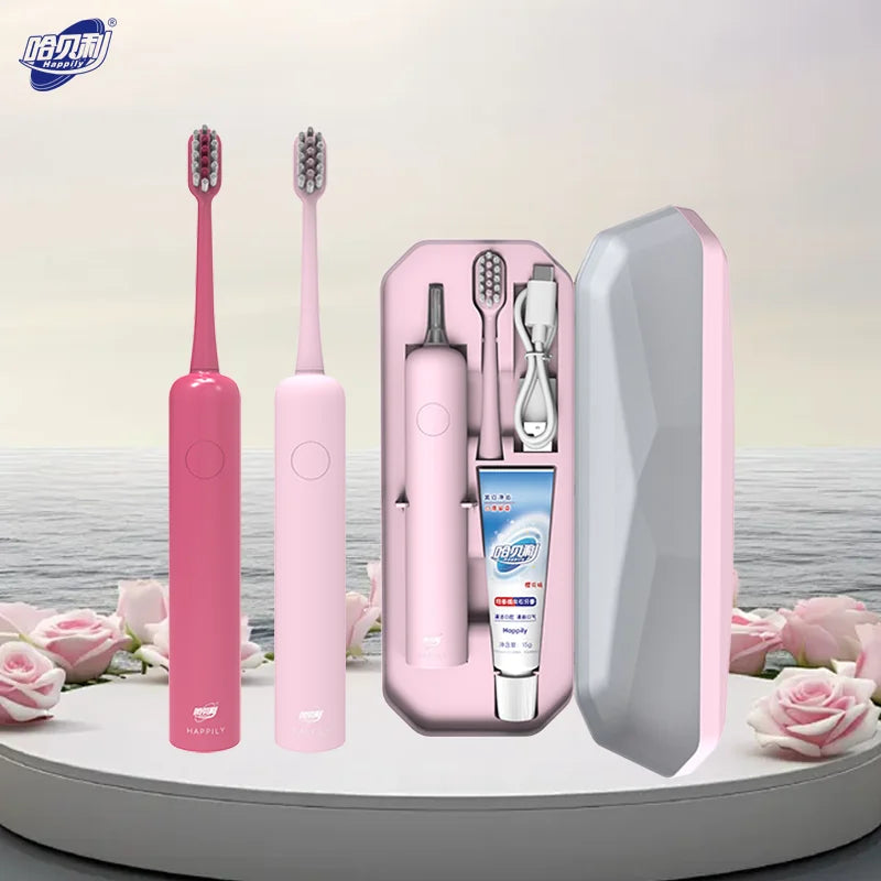 Brosse à dents vibrante Happily, IPX7, charge Type-C, autonomie 90 jours, 3 modes, blanchiment