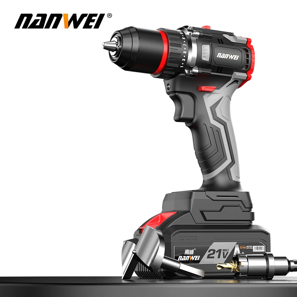 Perceuse sans fil Nanwei 21 V, 525 W, moteur sans balais, vitesse variable, mandrin rapide