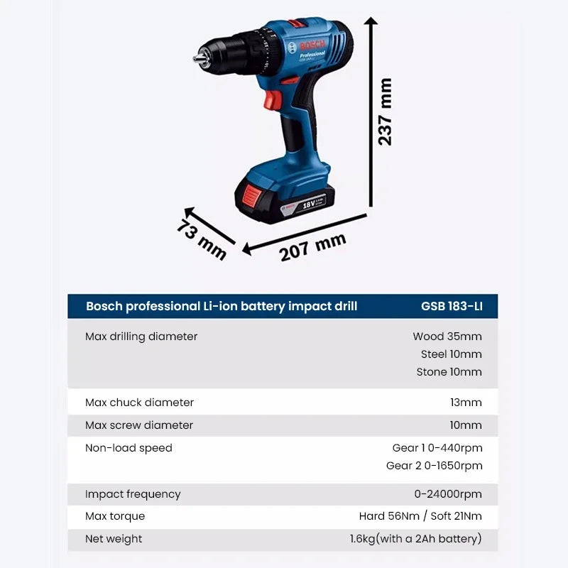 Perceuse-visseuse sans fil Bosch GSB 183-LI, 18 V, moteur sans balais, couple 56 Nm, mandrin 13 mm
